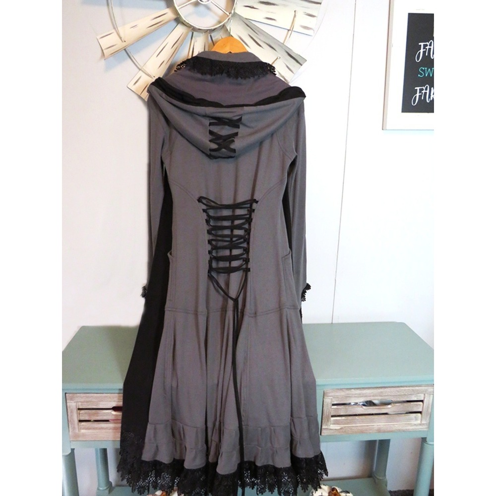 Gothic Style Gray / Black Trim Midi Corst Style Coat Removable Hood Pockets XS - Picture 11 of 16